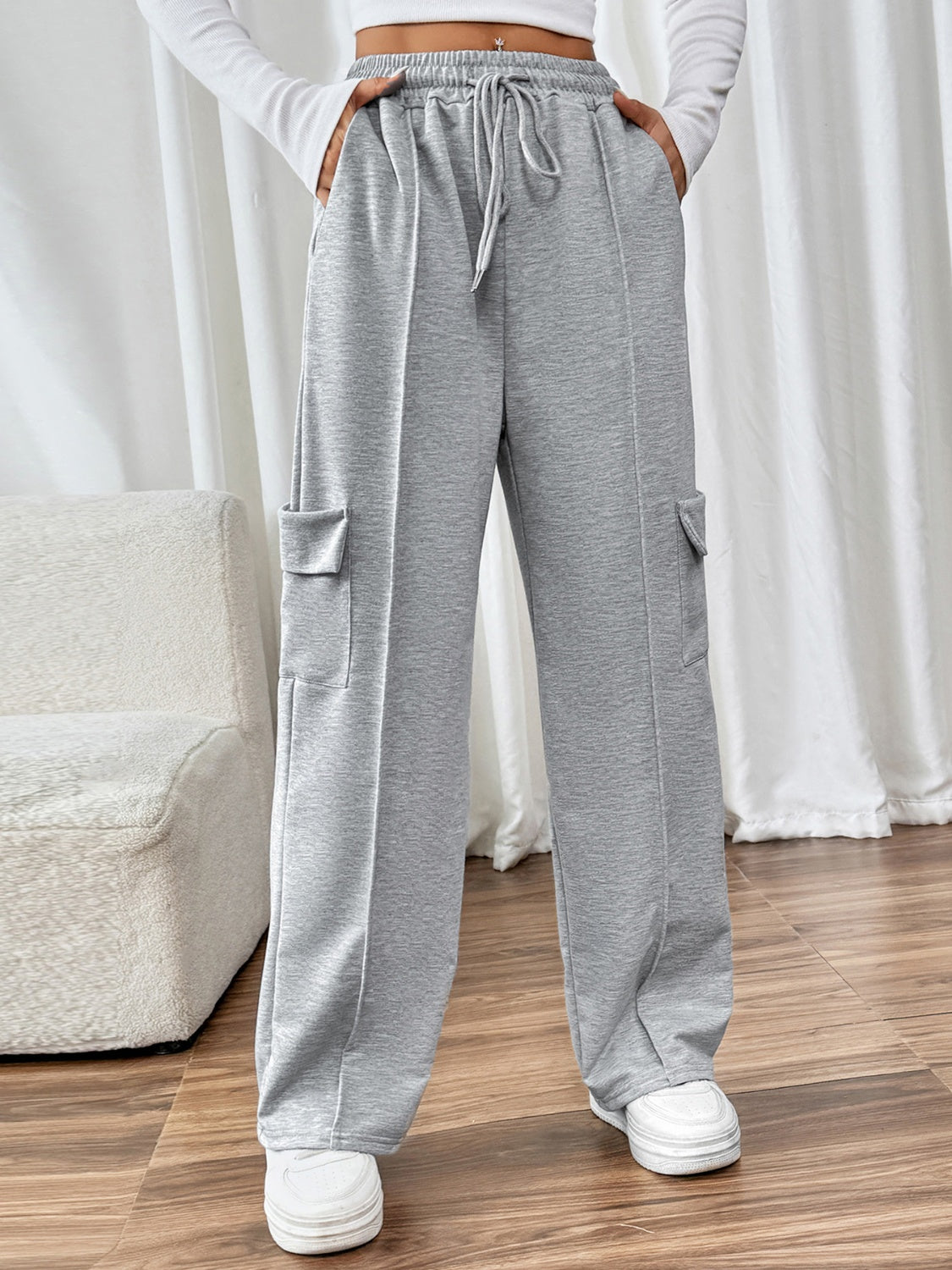 Drawstring Wide Leg Pants with Pockets - Charming Charlie