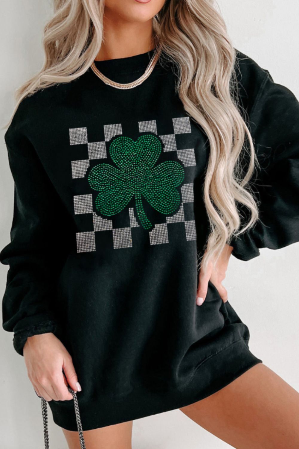 Rhinestone Checkered Lucky Clover Round Neck Sweatshirt - Charming Charlie