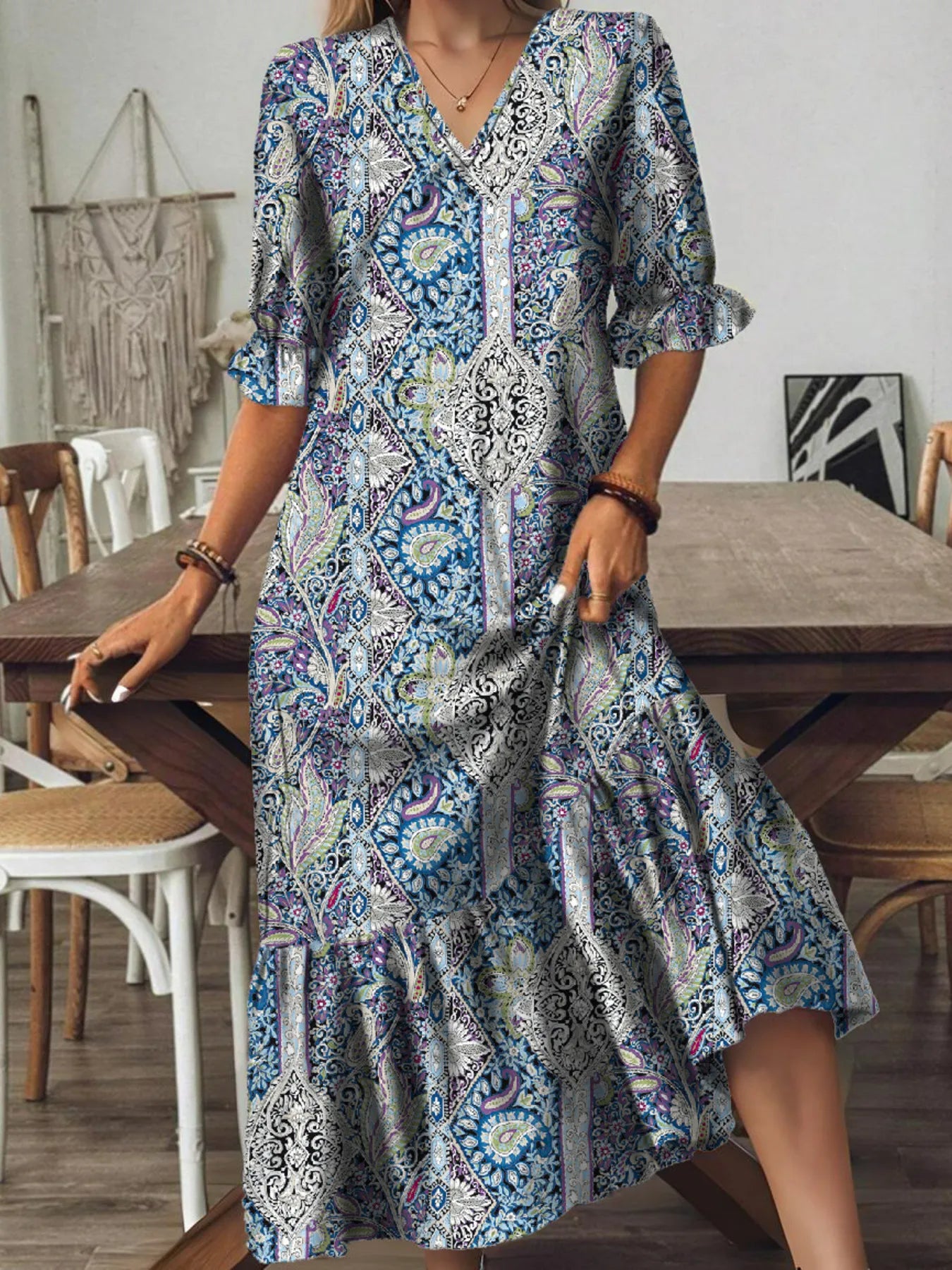Full Size Bohemian Paisley Print V-Neck Midi Dress Plus Size Sky Blue / M