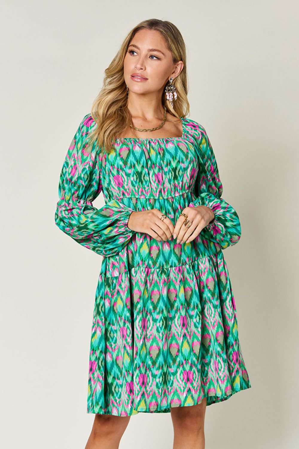Double Take Full Size Printed Long Sleeve Dress - Charming Charlie
