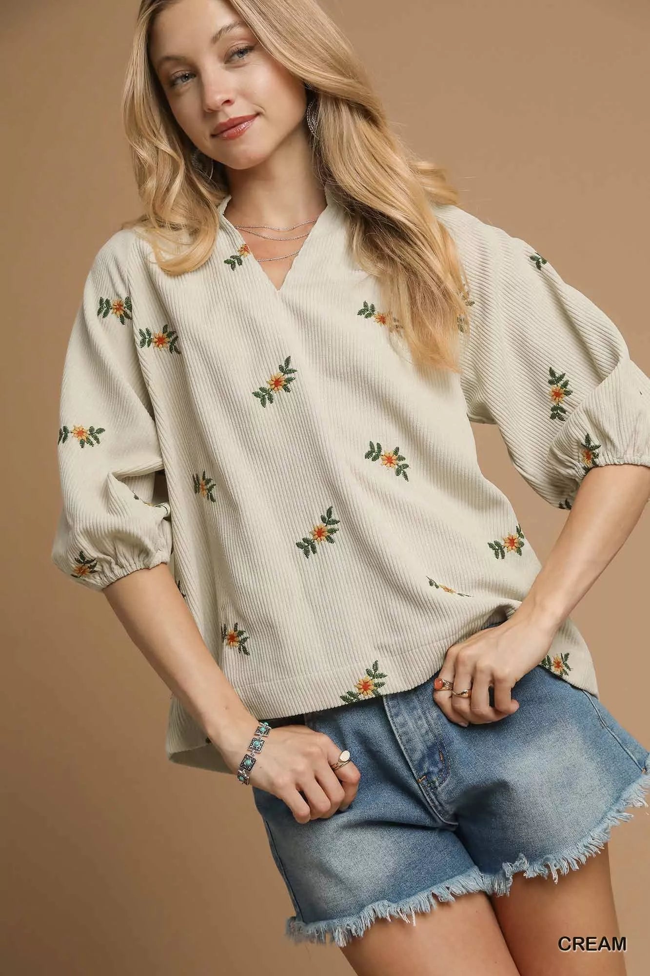 Umgee Corduroy Floral Embroidered Puff Sleeve Blouse – Charming