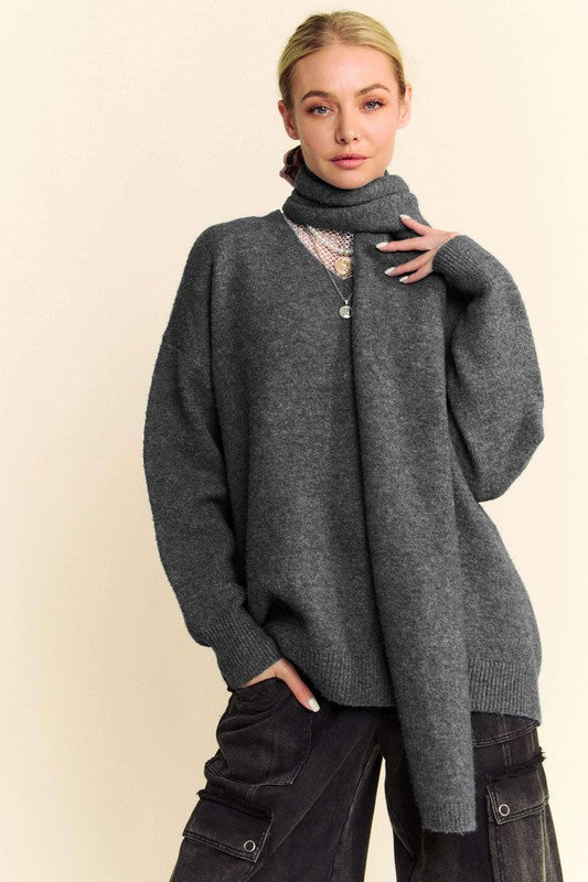 Davi & Dani V-Neck Dropped Shoulder Sweater with Scarf Set - Charming Charlie