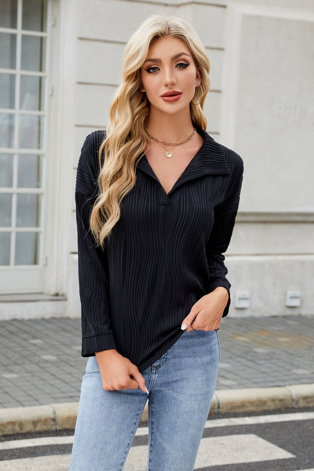 Texture Collared Neck Long Sleeve Blouse - Charming Charlie