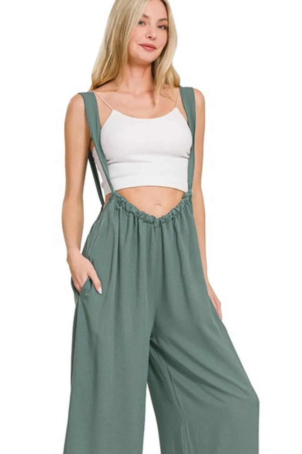 Zenana Woven Tie Back Suspender Jumpsuit – Charming Charlie