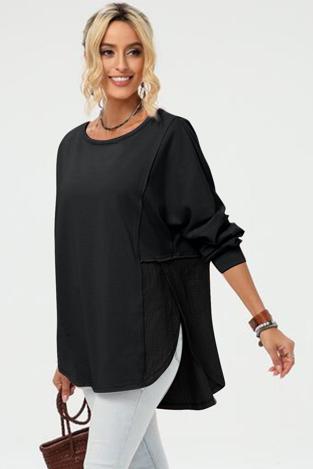 Double Take Full Size Long Sleeve High-Low T-Shirt - Charming Charlie