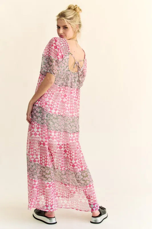 davi and dani maxi dress Davi & Dani Multi Floral Square Neck Puff Sleeve Maxi Dress Indian Pink / M
