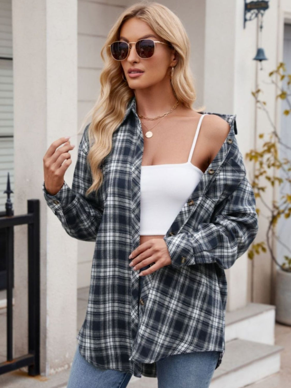 Pocketed Plaid Collared Neck Long Sleeve Shirt  Charming Charlie