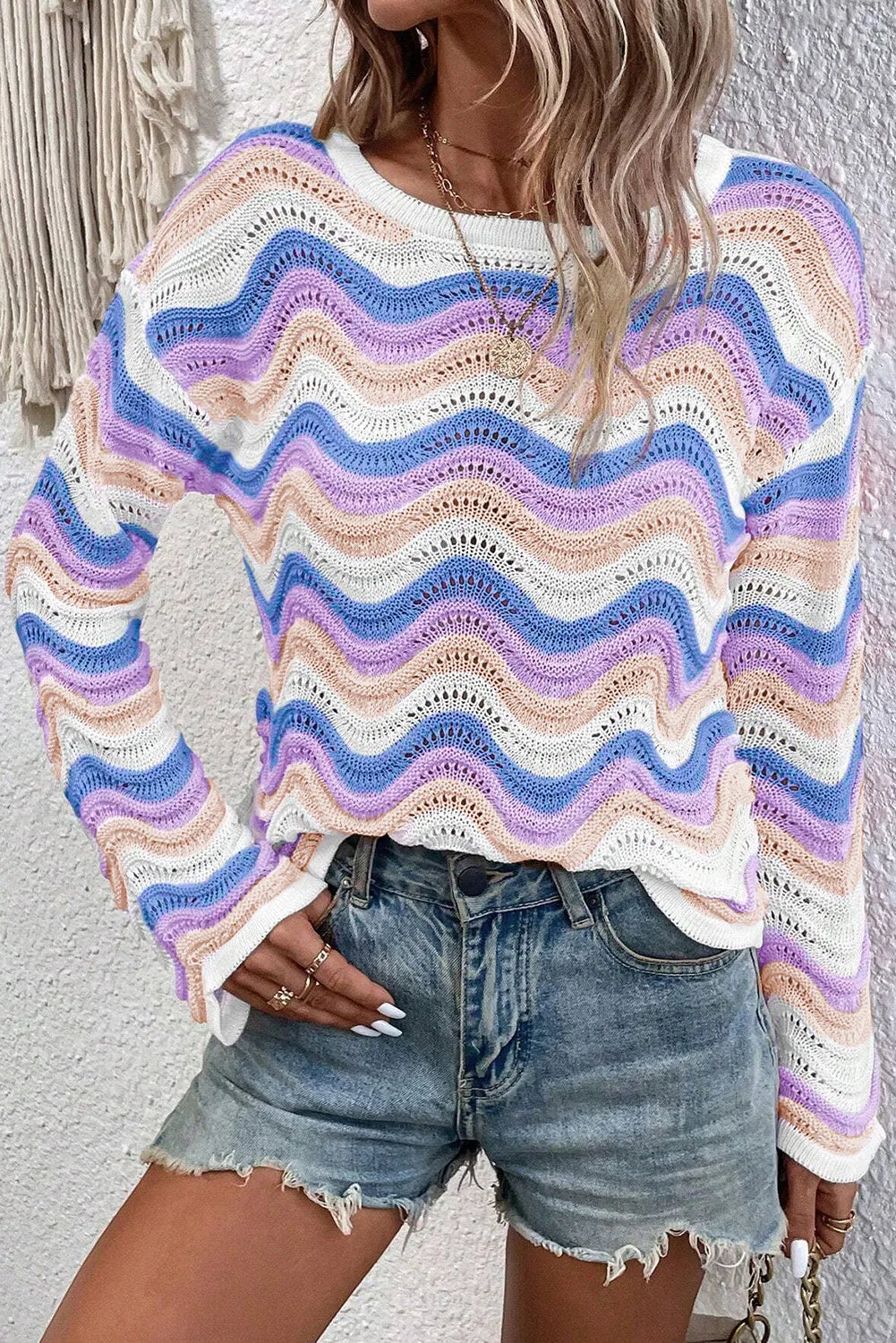 Contrast Wave Stripe Long Sleeve Sweater - Charming Charlie