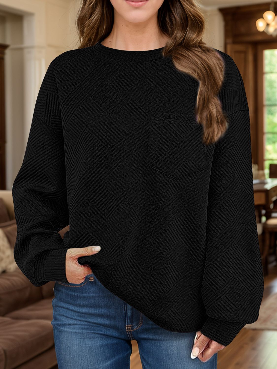 Full Size Texture Round Neck Long Sleeve Sweatshirt - Charming Charlie