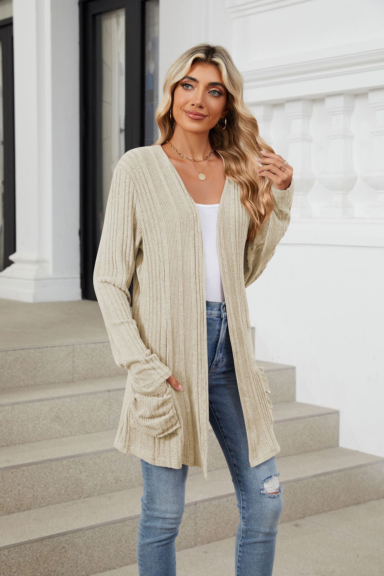 Pocketed Open Front Long Sleeve Cardigan - Charming Charlie