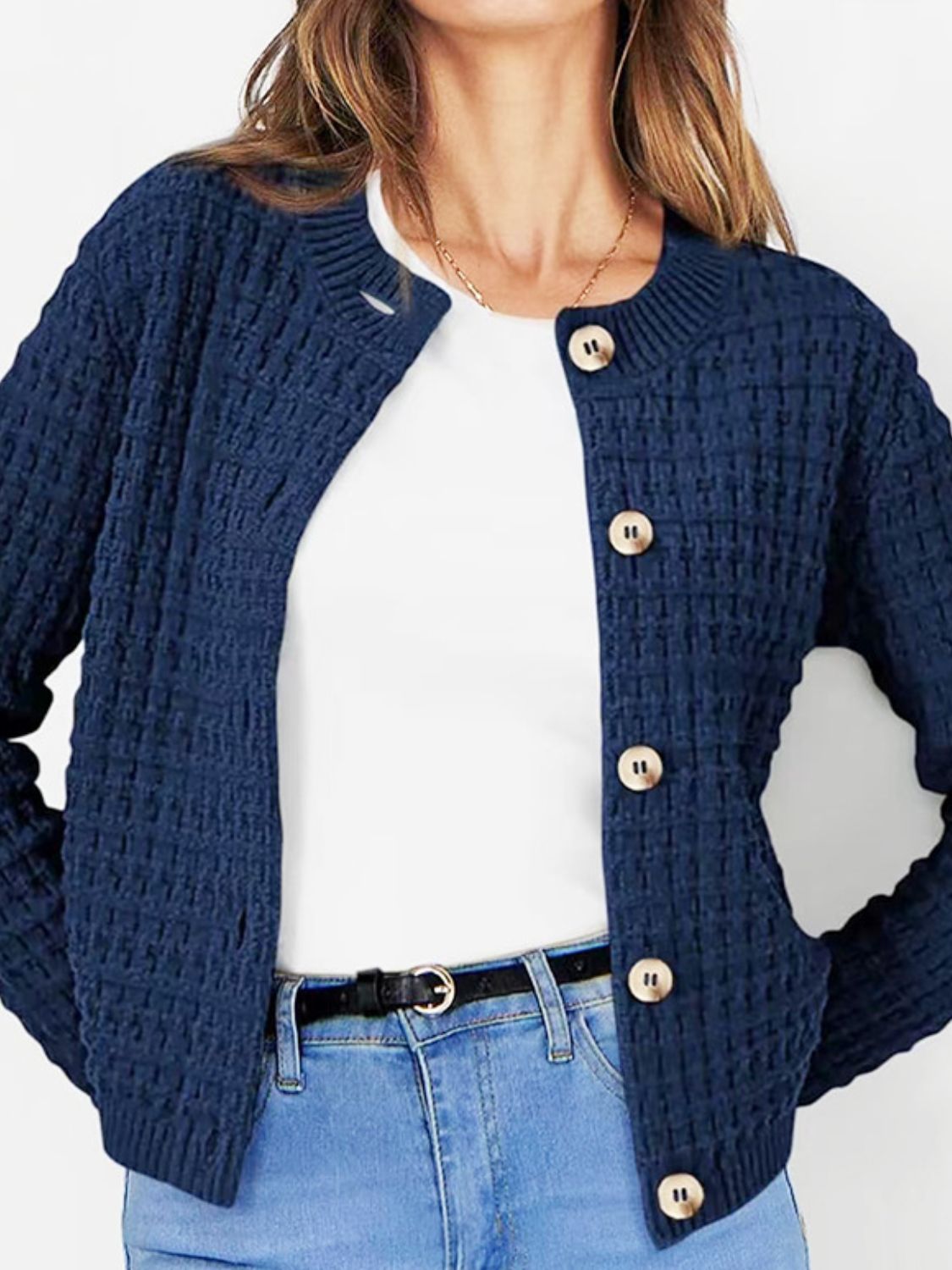 Button Up Round Neck Long Sleeve Cardigan - Charming Charlie