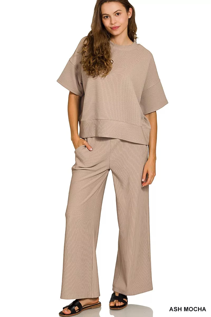 Zenana Ribbed Round Neck Tee & Pants Set – Charming Charlie