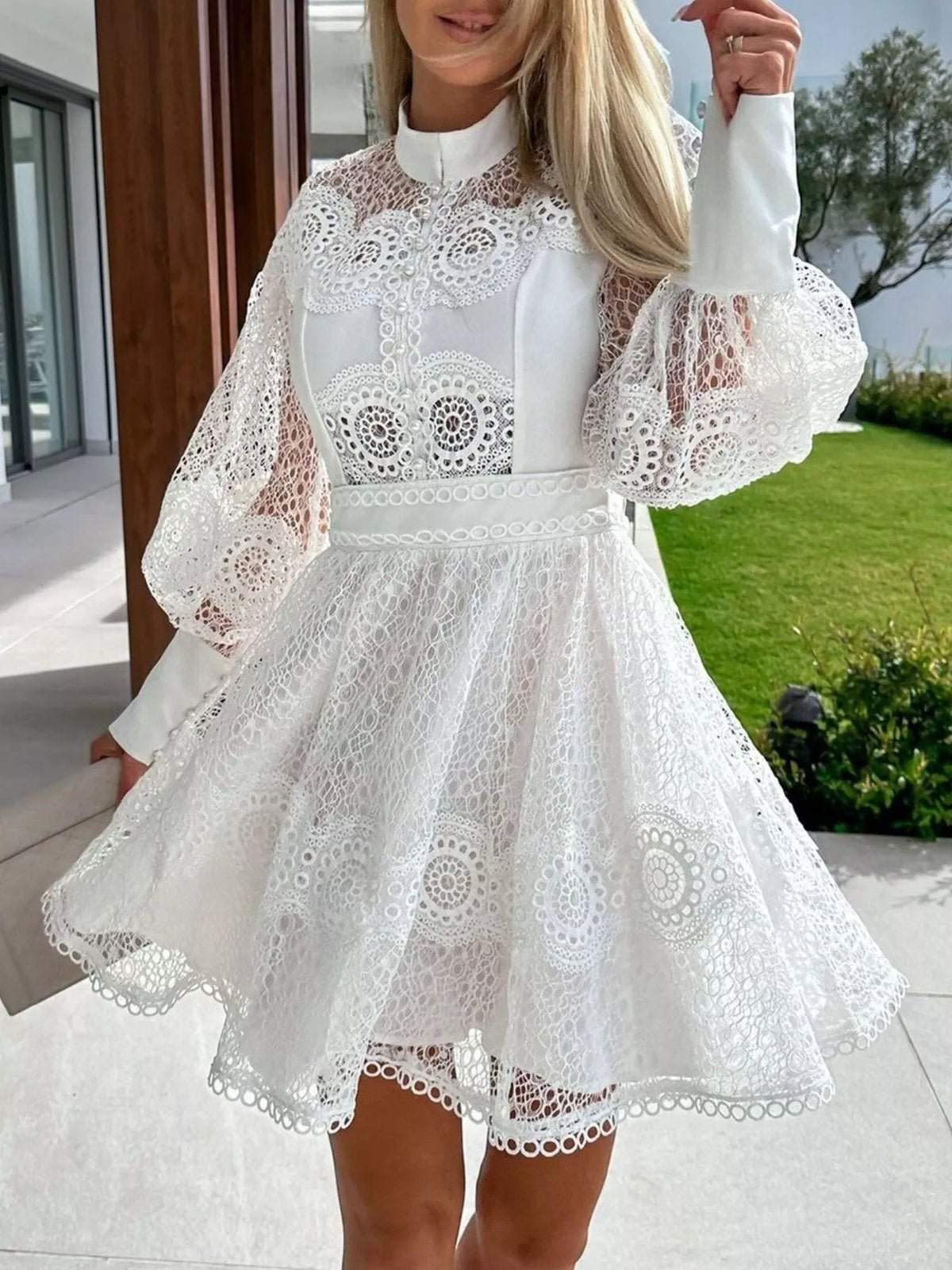 lantern sleeve dress Lace Mini White / S Lined Material composition Size:14 US Sleeveless Tulle Short Prom vendor-Louise New York
