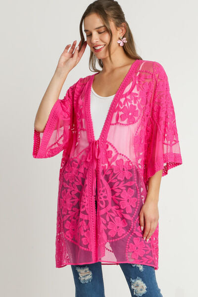 Umgee Full Size Floral Lace Open Front Kimono Sleevee Cover