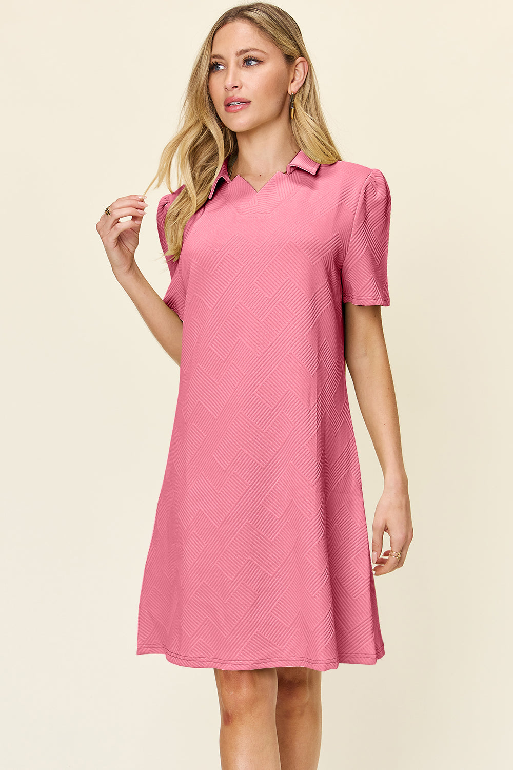 Double Take Full Size Texture Collared Neck Short Sleeve Dress - Charming Charlie