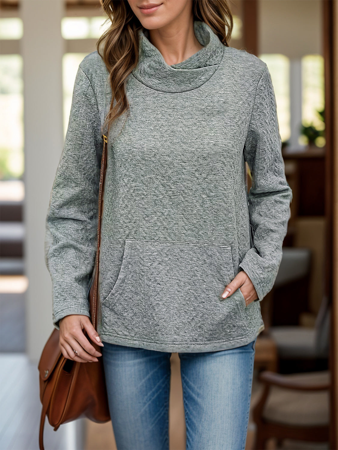 Pocketed Turtleneck Long Sleeve Sweatshirt - Charming Charlie