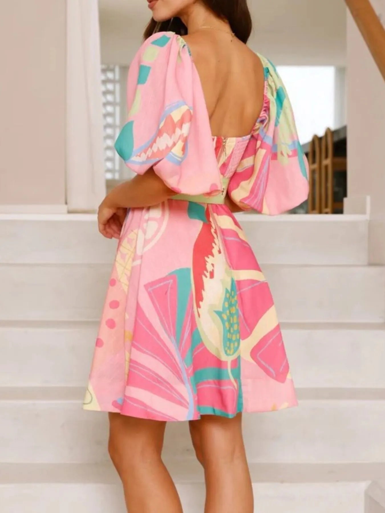Colorful Print Belted Mini Dress with Puff Sleeves Pink / M