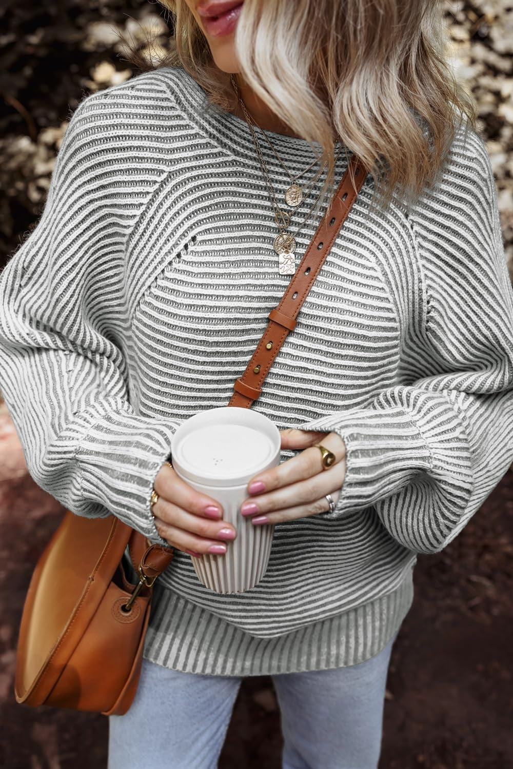 Textured Striped Round Neck Long Sleeve Top - Charming Charlie
