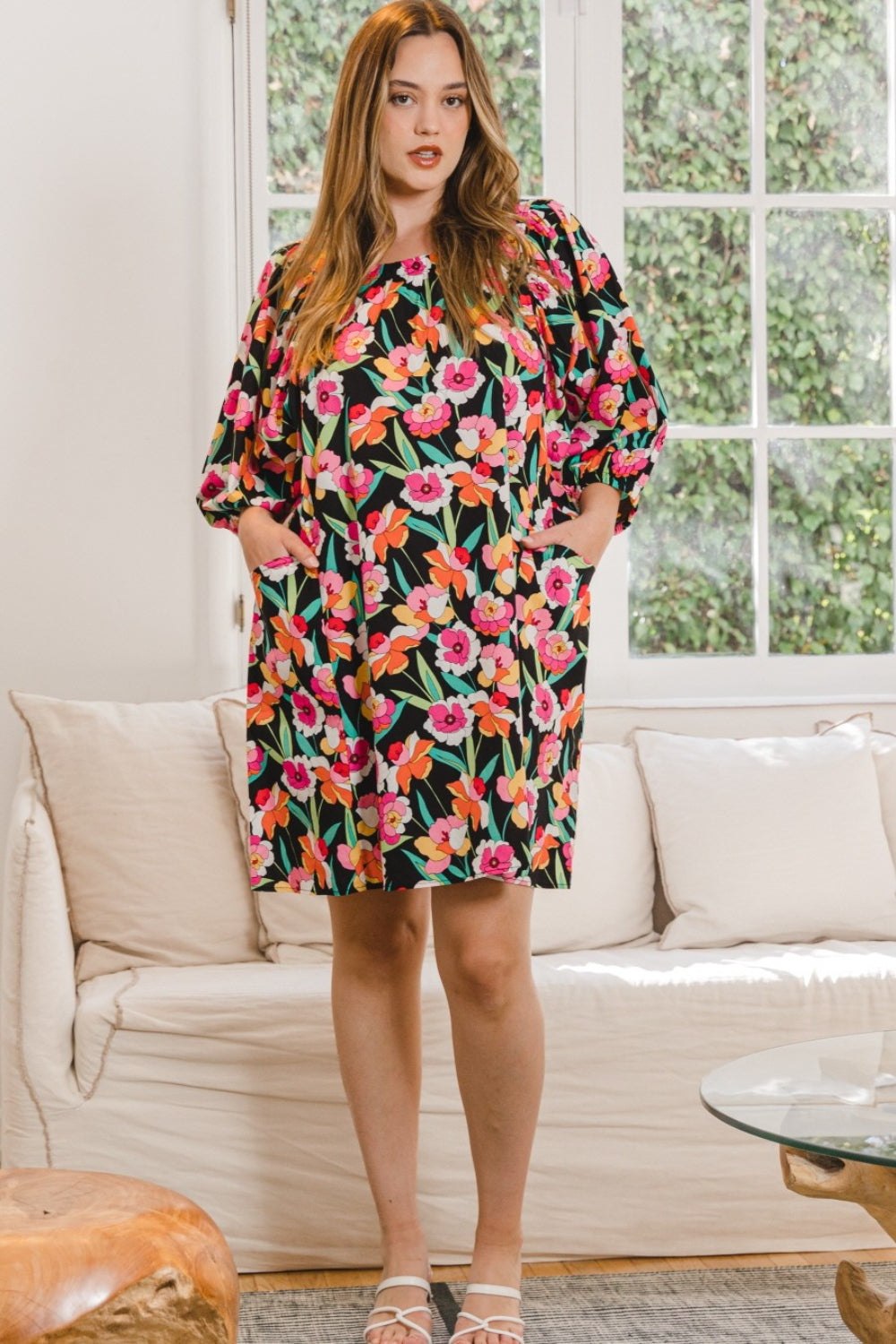 ODDI Full Size Floral Smocked Ruffled Midi Dress