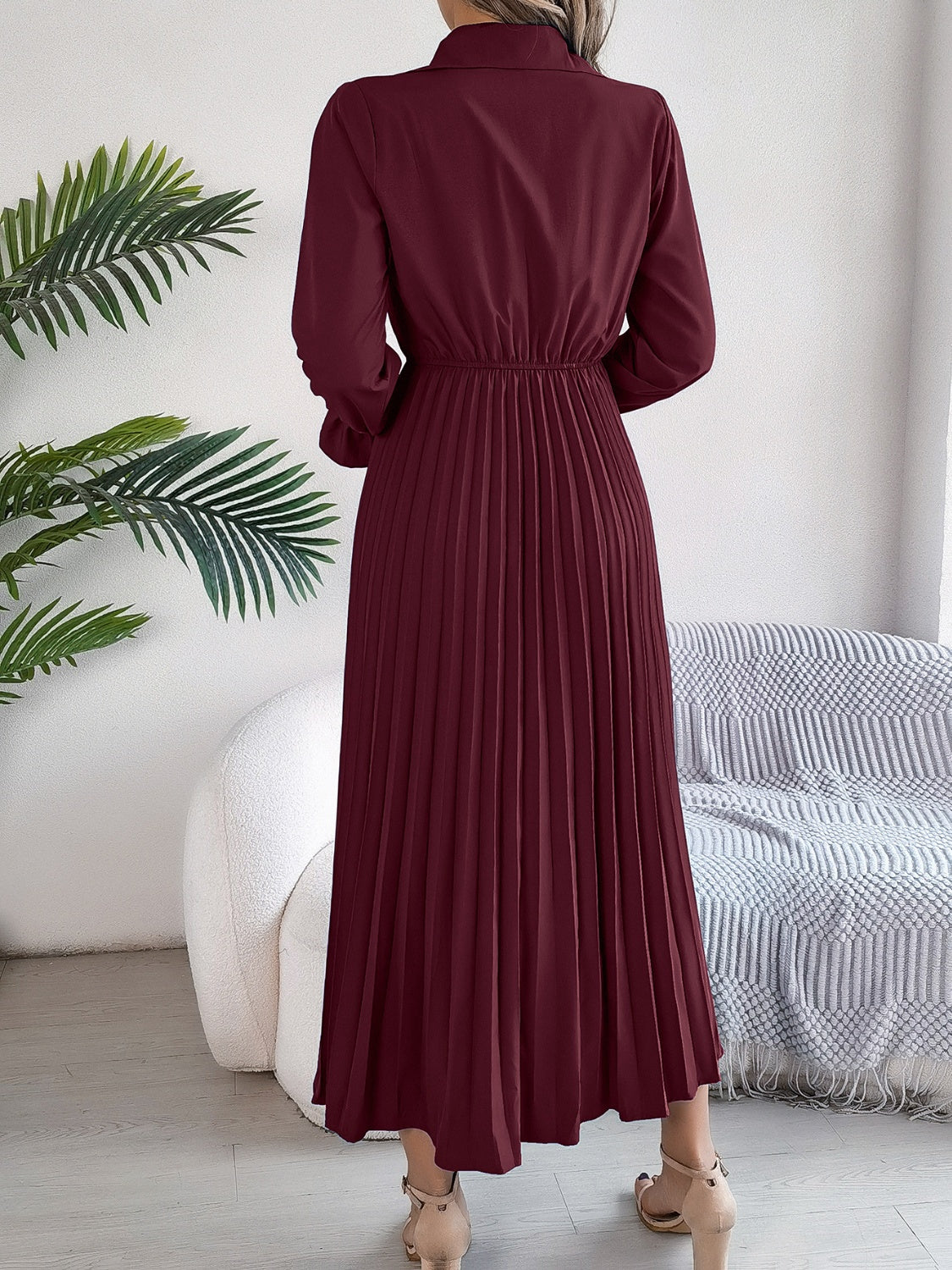 Pleated Half Button Long Sleeve Midi Dress Army Green / M Pleated Half Button Long Sleeve Midi Dress Army Green / M