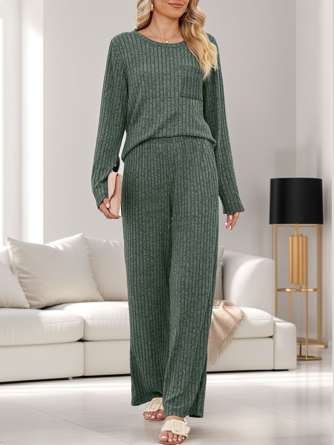 Round Neck Long Sleeve Top and Pants Set - Charming Charlie