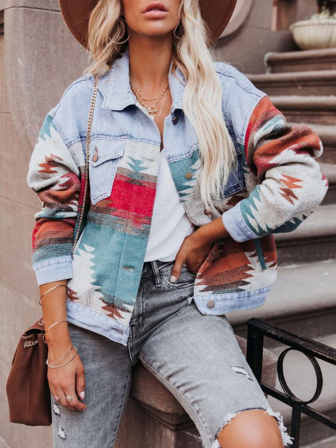 Geometric Button Up Long Sleeve Denim Jacket - Charming Charlie