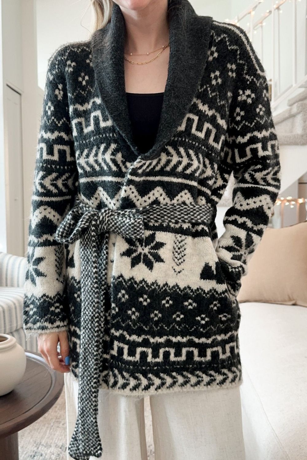 Snowflakes Collared Neck Long Sleeve Cardigan - Charming Charlie