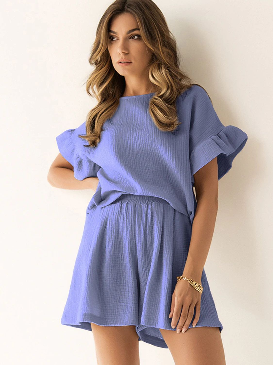 Ruffled Round Neck Top and Shorts Set - Charming Charlie