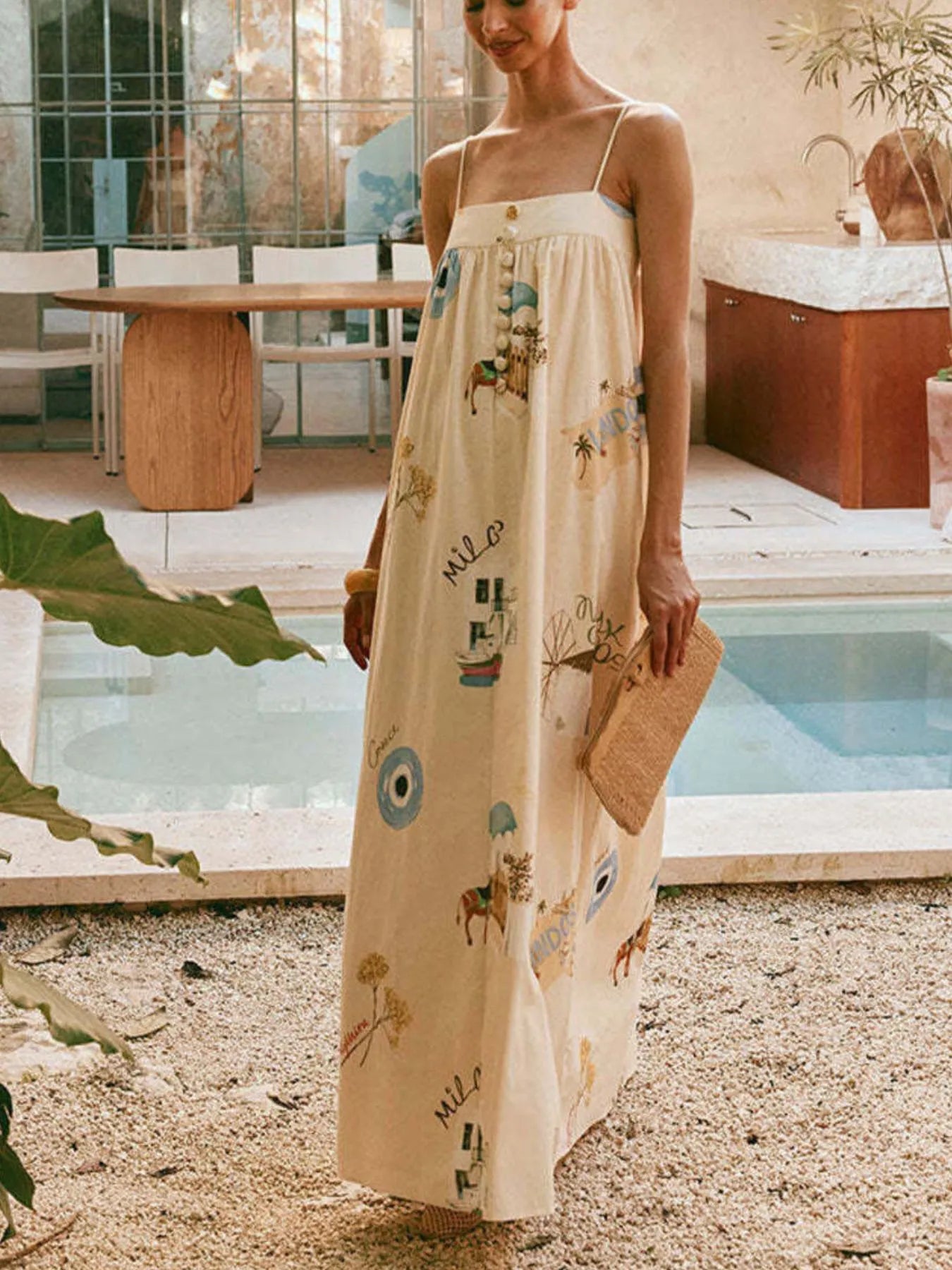 Bohemian Print Cami Maxi Dress with Pockets Beige / 2XL Bohemian Print Cami Maxi Dress with Pockets Beige / 2XL