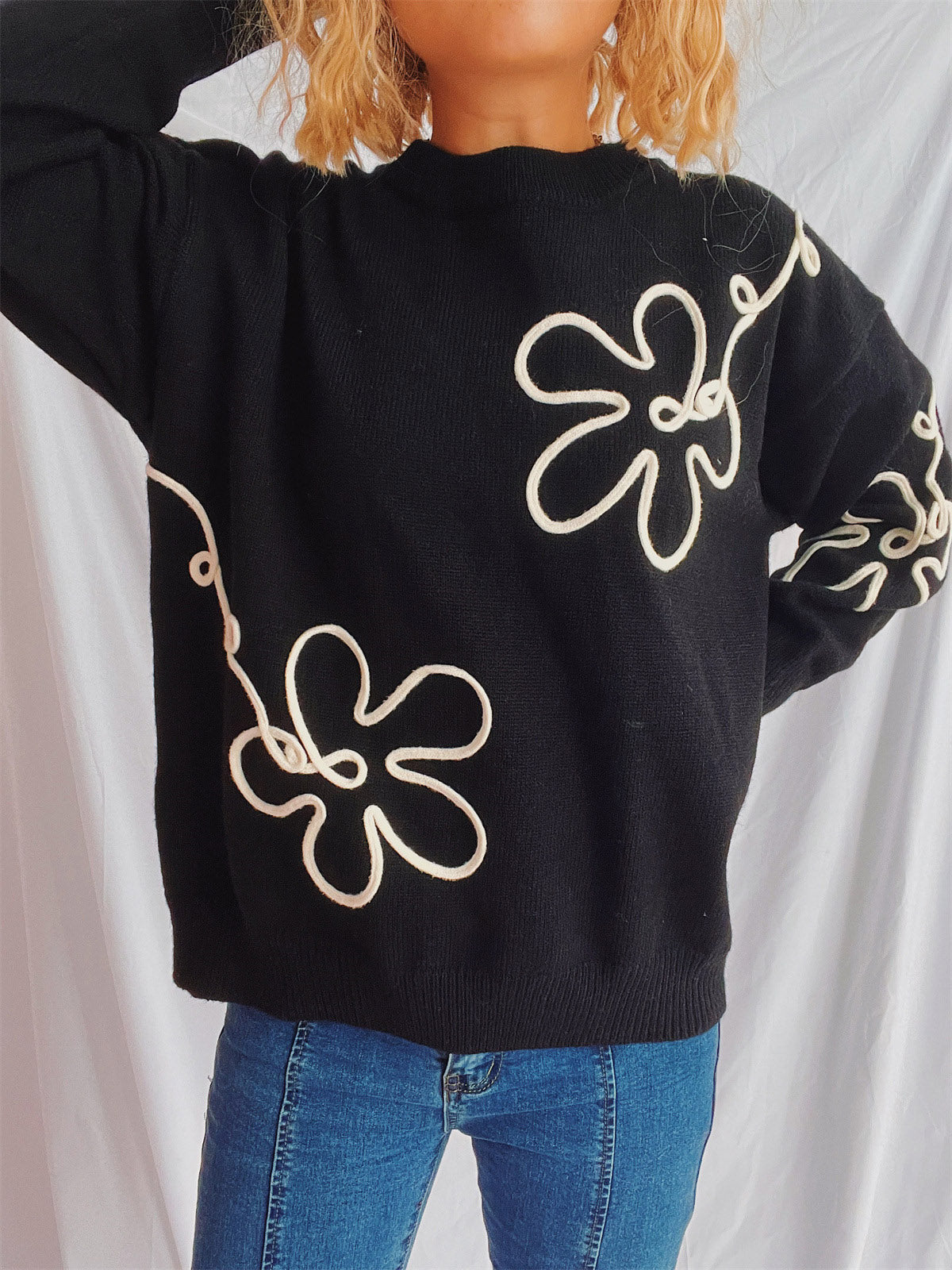 Flower Round Neck Long Sleeve Sweater - Charming Charlie