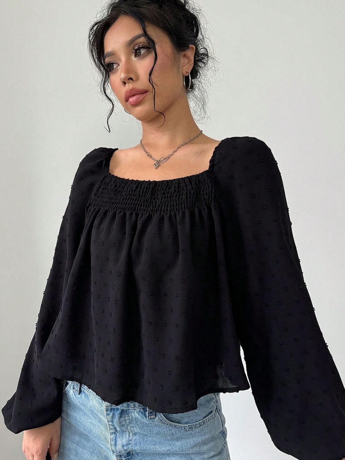 Swiss Dot Square Neck Long Sleeve Blouse – Charming Charlie