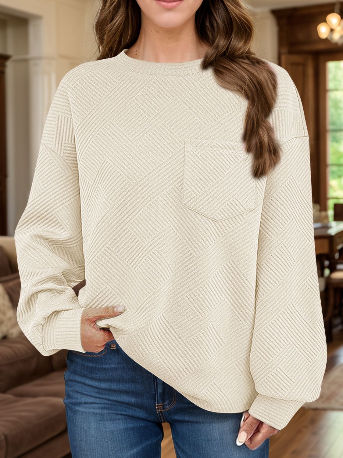 Full Size Texture Round Neck Long Sleeve Sweatshirt - Charming Charlie