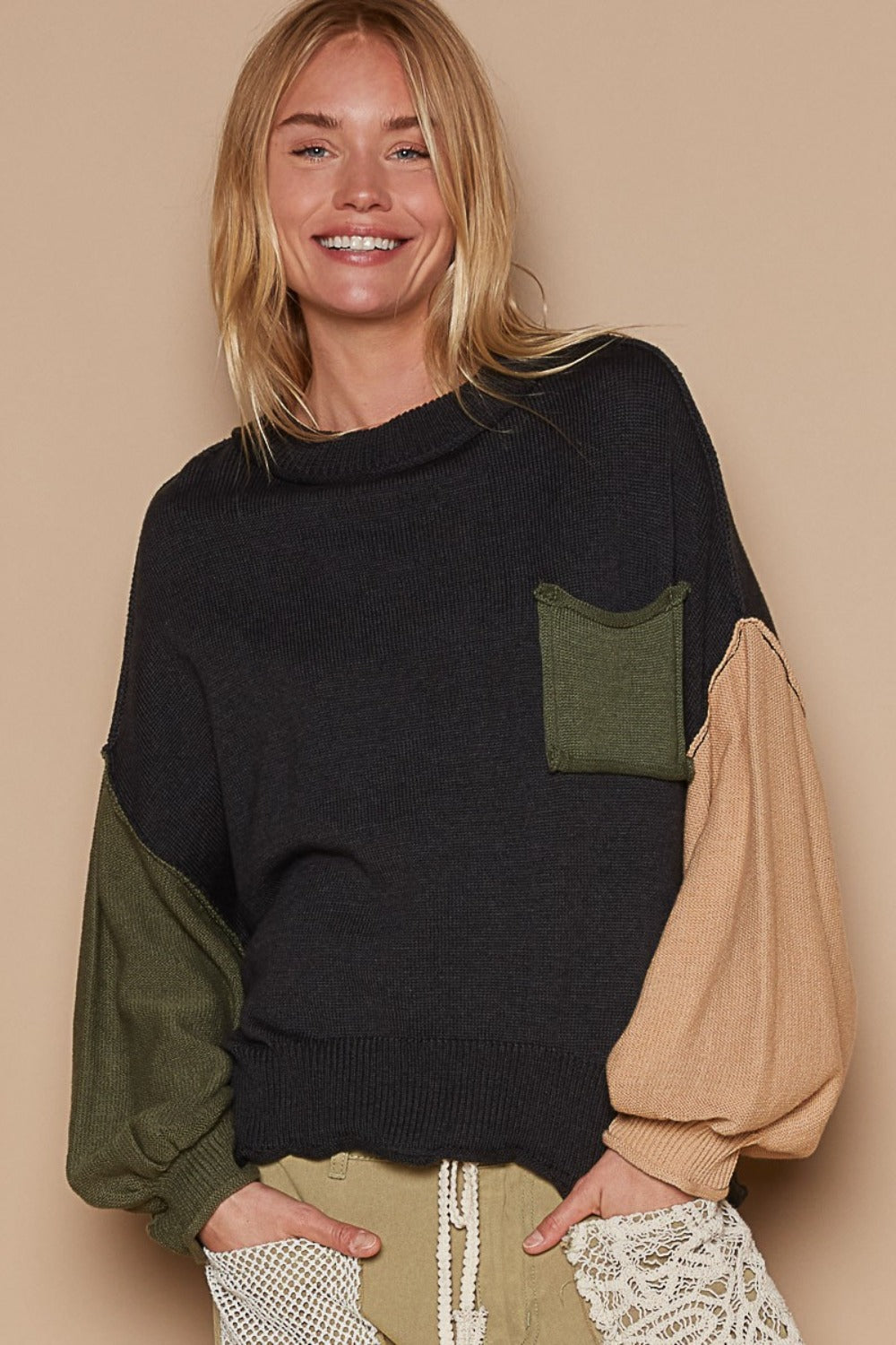 POL Color Block Roll Hem Hacci Sweater - Charming Charlie