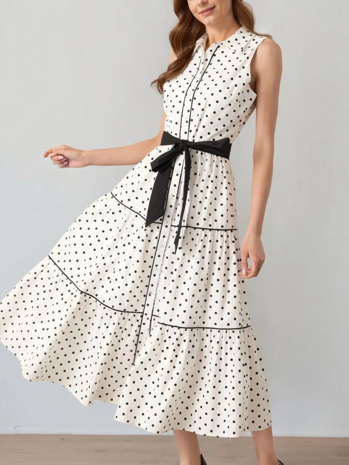 Polka Dot Sleeveless Midi Shirt Dress White / S Polka Dot Sleeveless Midi Shirt Dress White / S