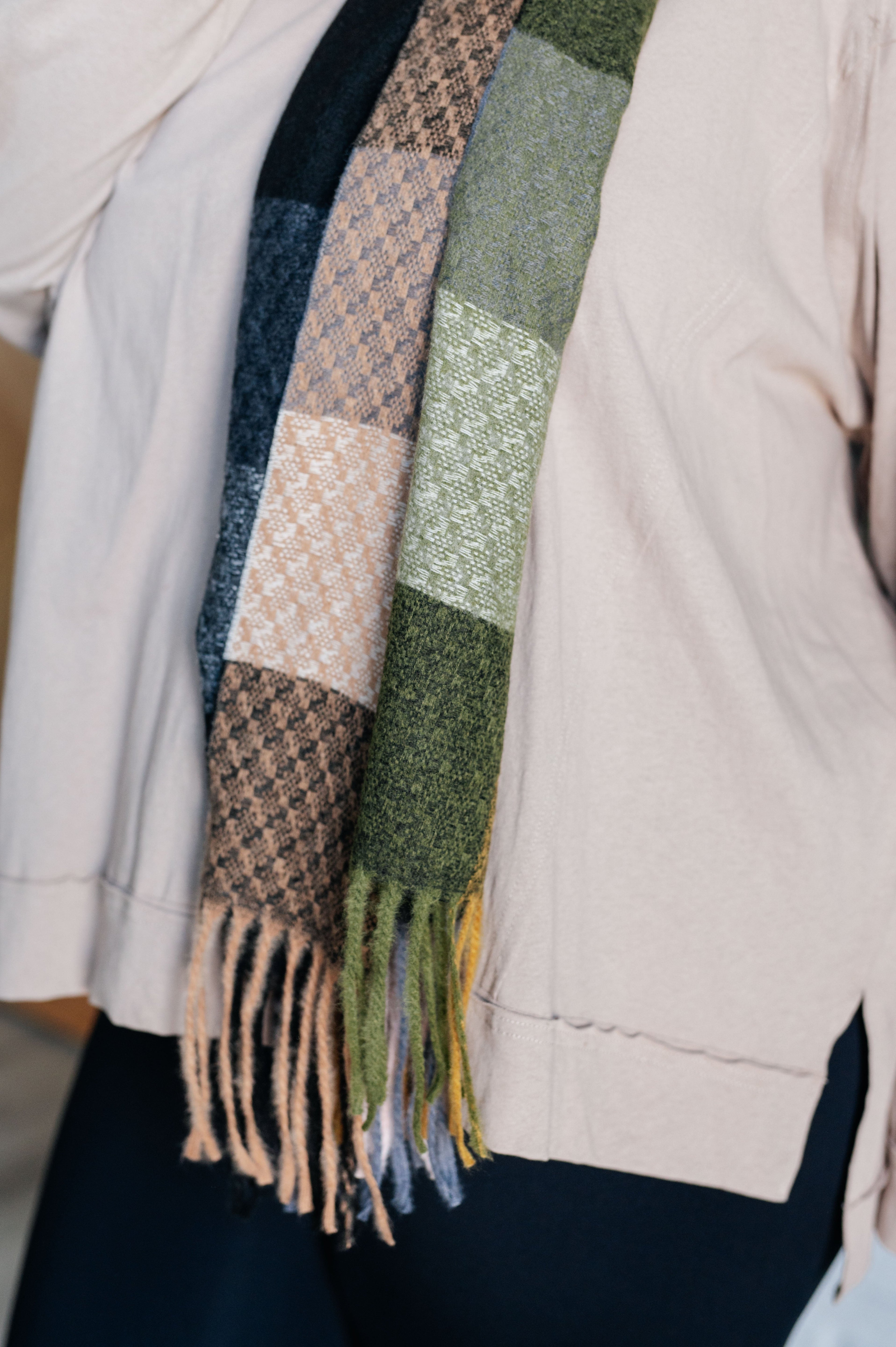 Keep Me Cozy Checkered Fringe Scarf in Woodland Shades - Charming Charlie