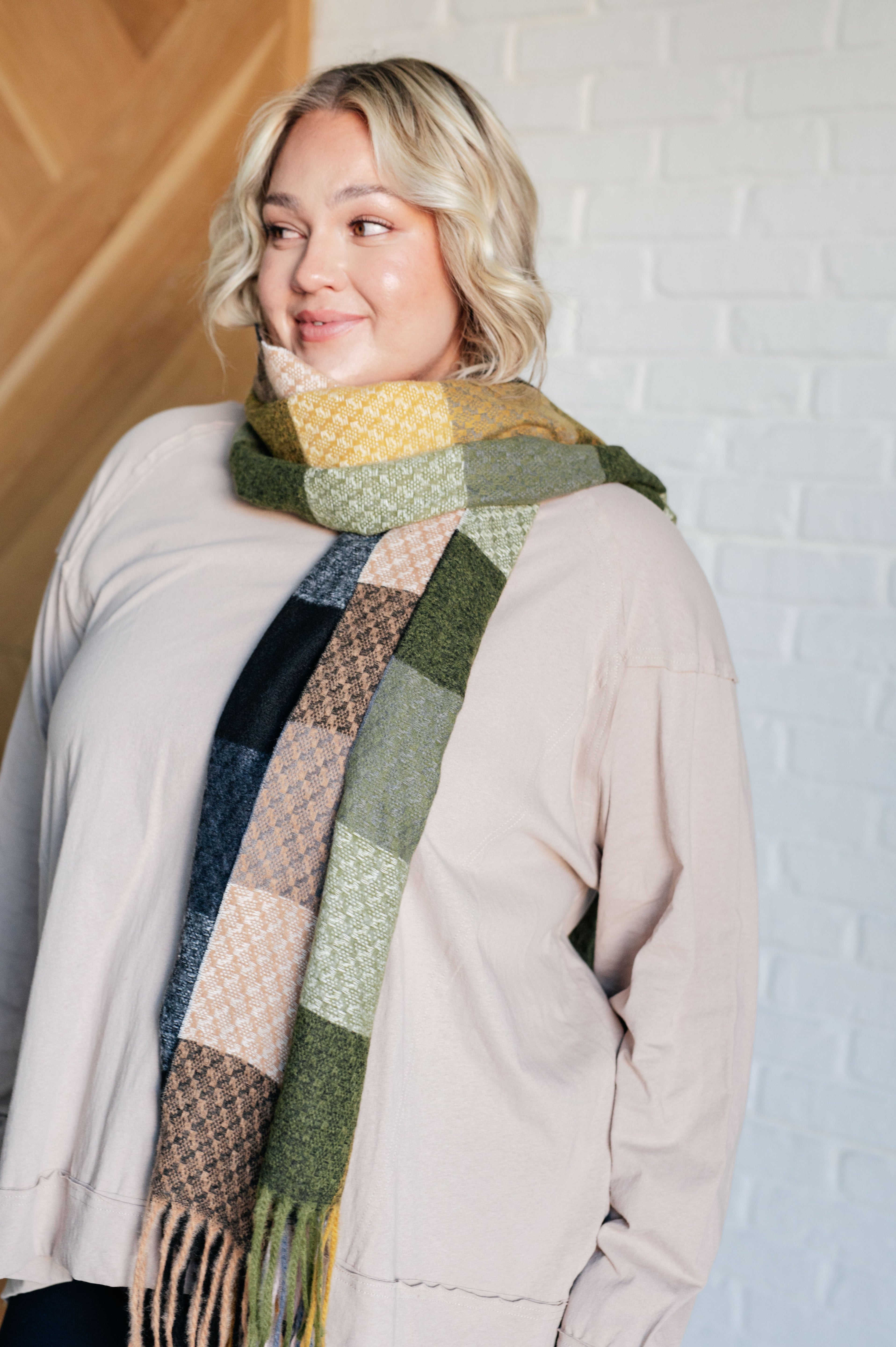 Keep Me Cozy Checkered Fringe Scarf in Woodland Shades - Charming Charlie