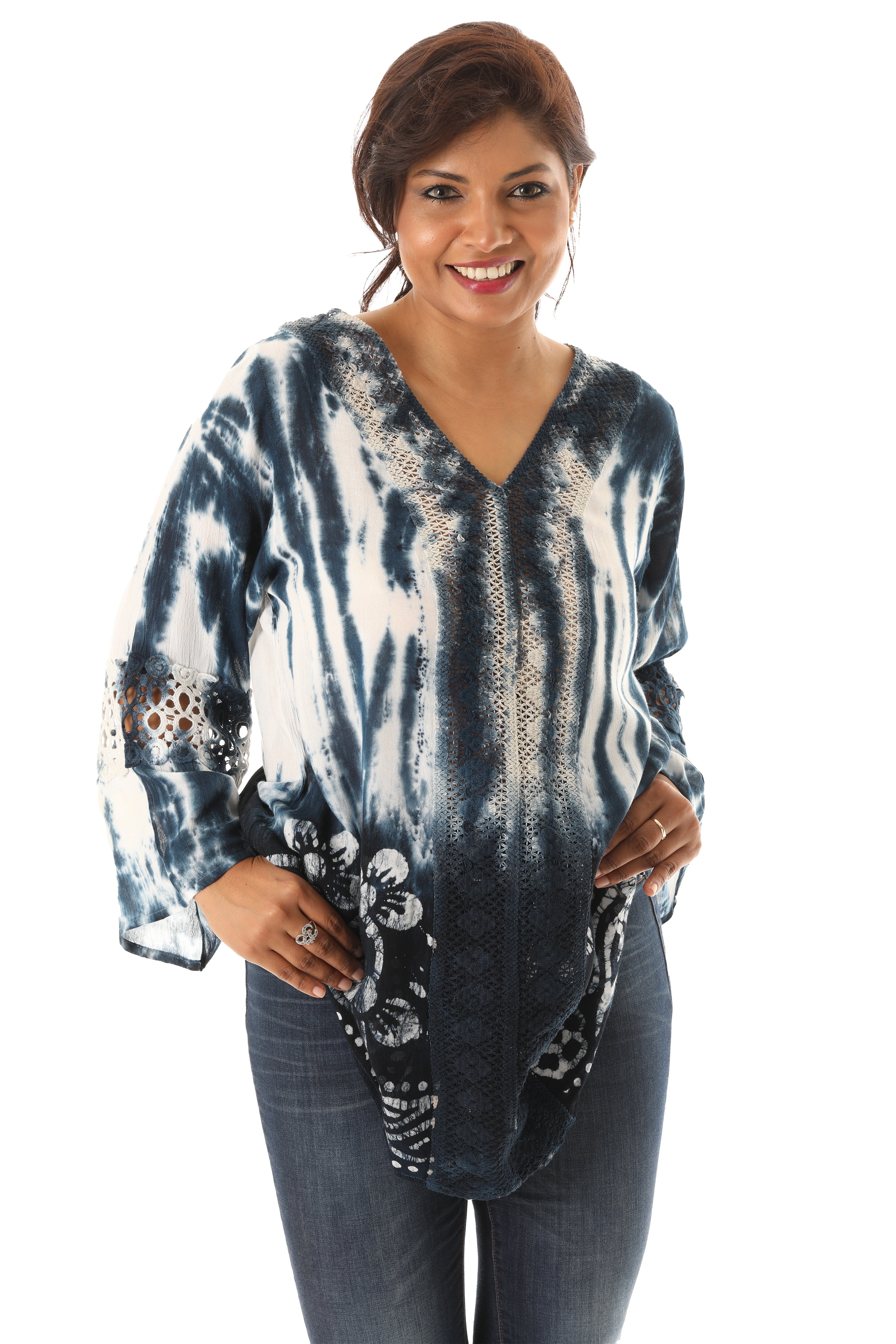 Long Sleeve Tie Dye V-Neck Tunic with Floral and Mesh Patterns - Charming Charlie