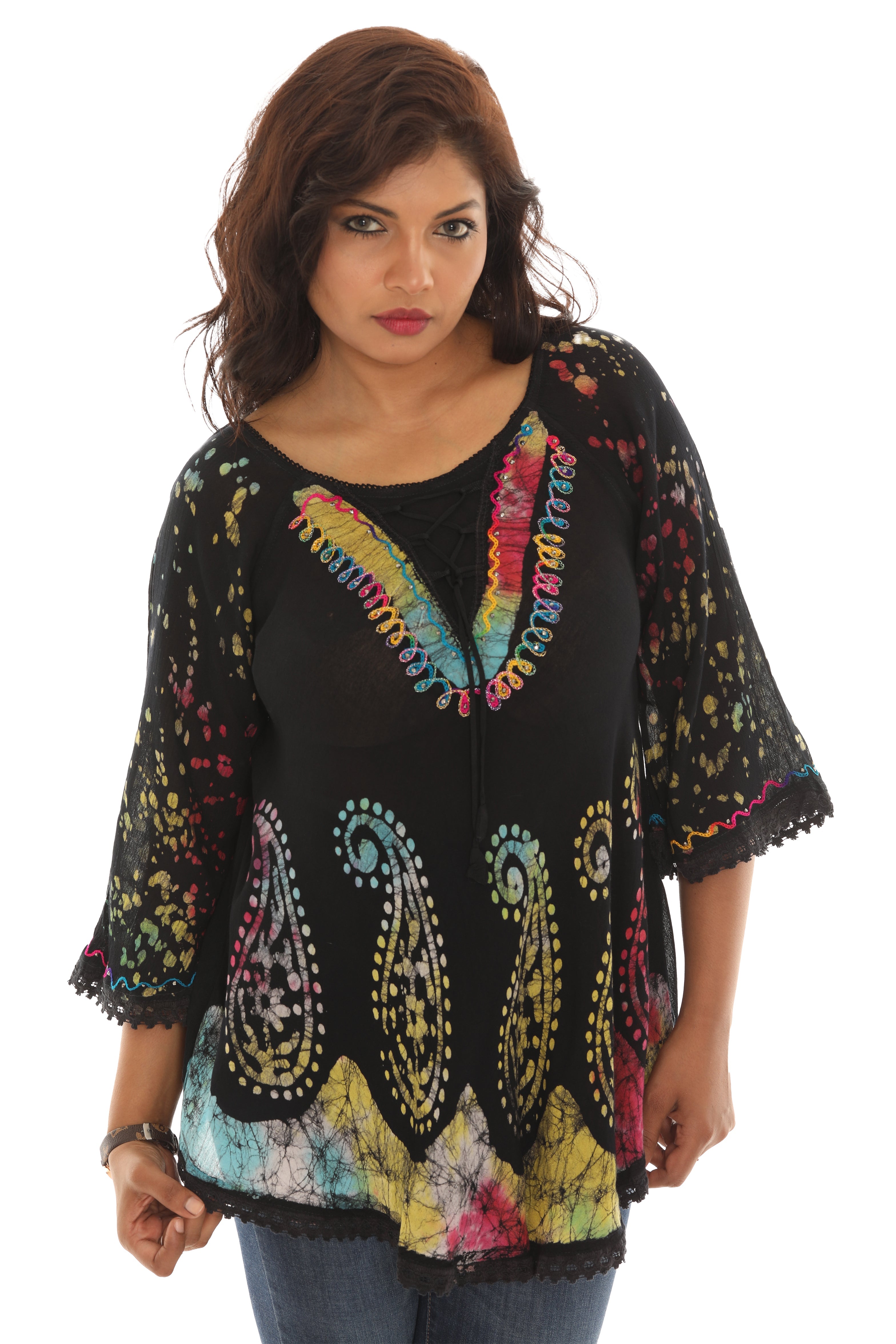 Bold Paisley Pattern Rainbow Tie Dye Rayon Tunic