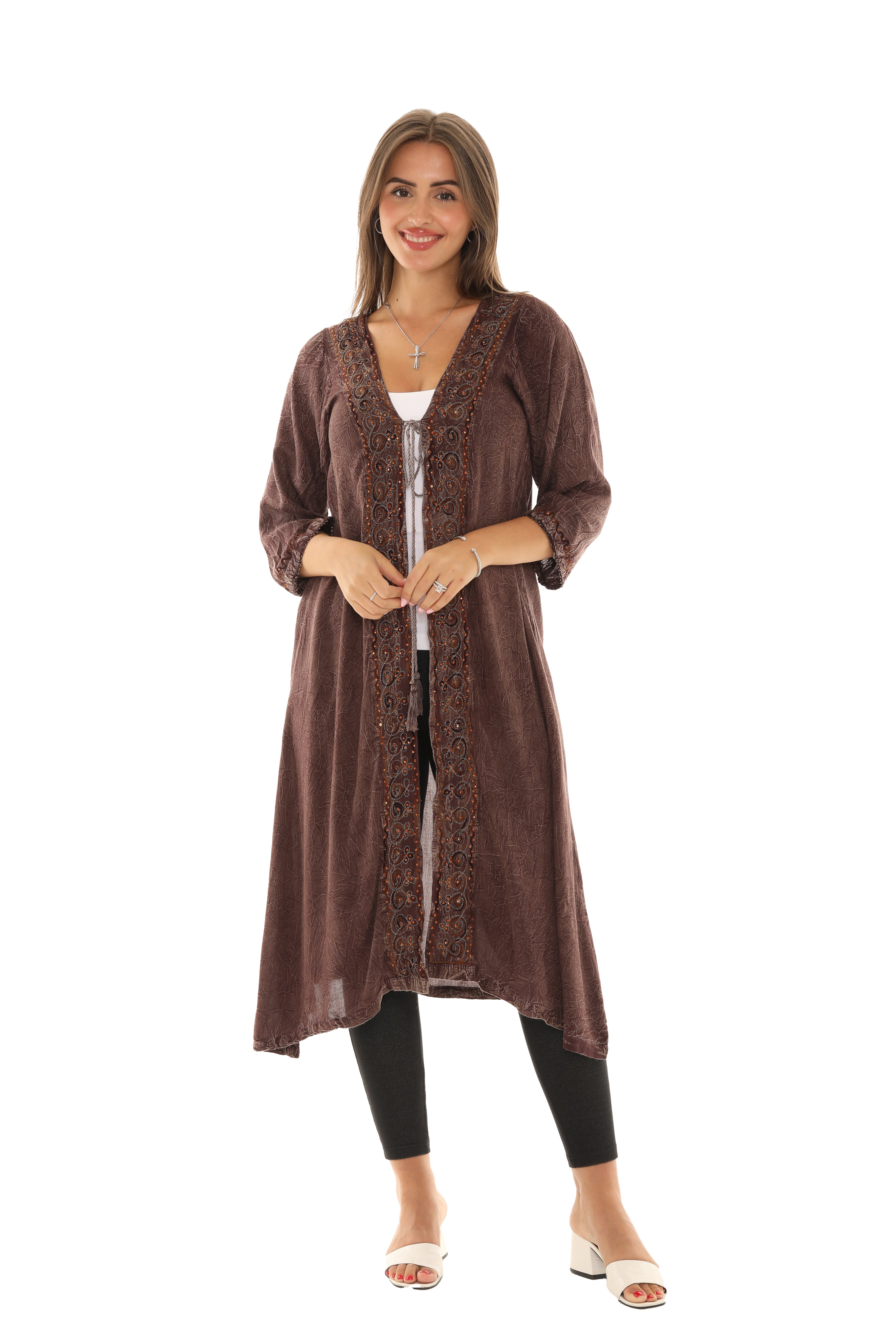 Sequin-Accent Embroidered Three-Quarter Sleeve Duster - Shoreline Wear, Inc.