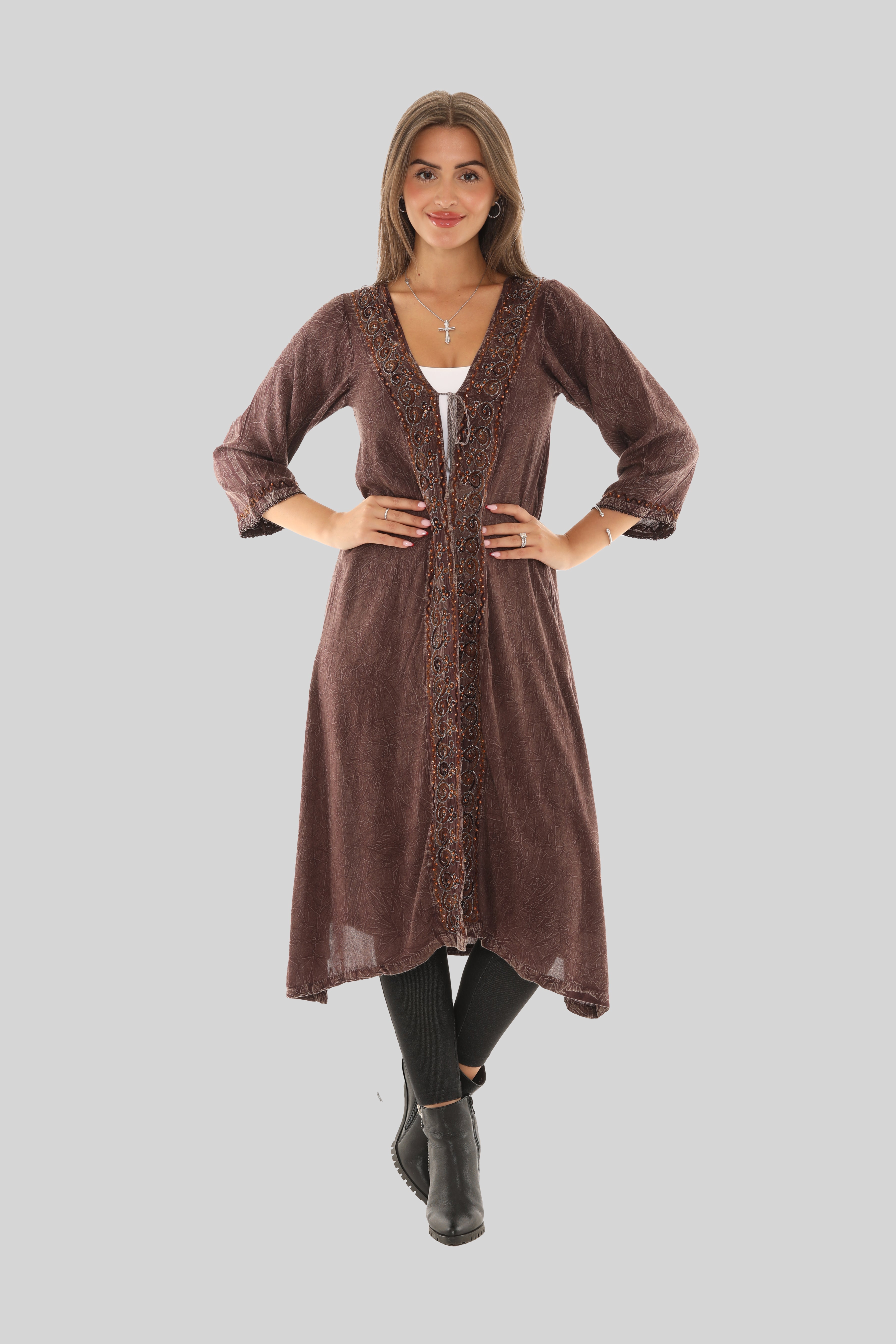 Sequin-Accent Embroidered Three-Quarter Sleeve Duster - Shoreline Wear, Inc.