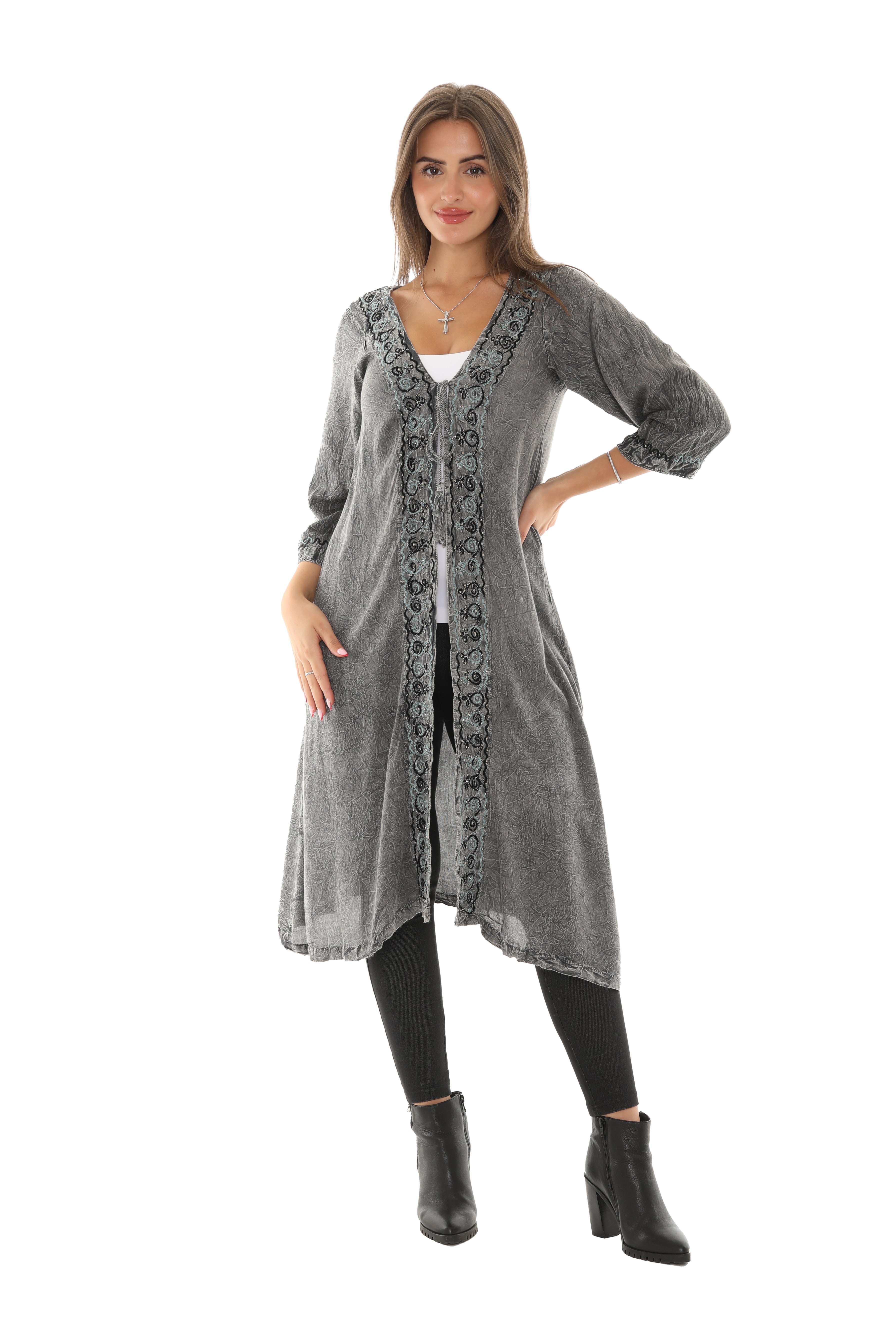 Sequin-Accent Embroidered Three-Quarter Sleeve Duster - Shoreline Wear, Inc.