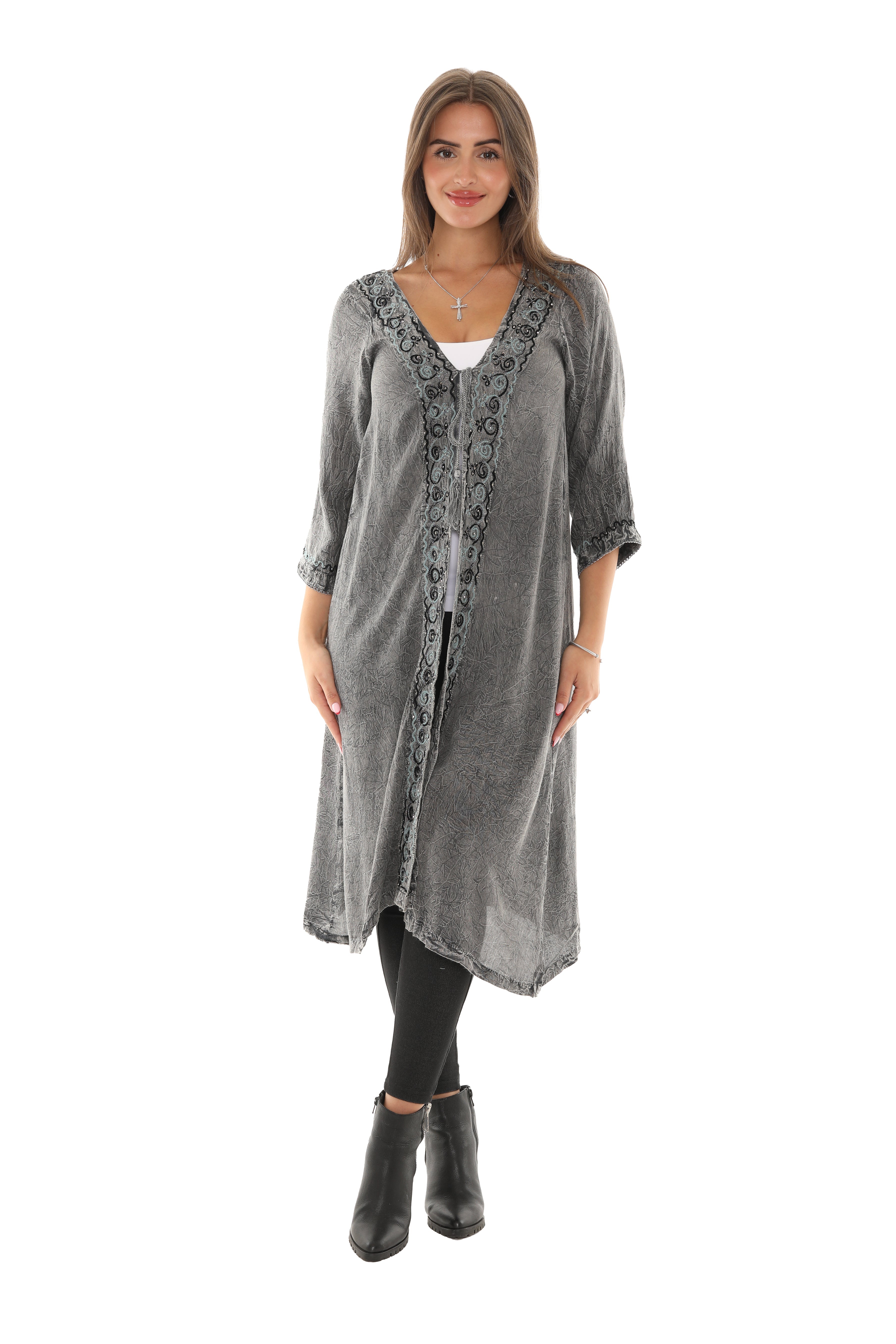 Sequin-Accent Embroidered Three-Quarter Sleeve Duster - Shoreline Wear, Inc.