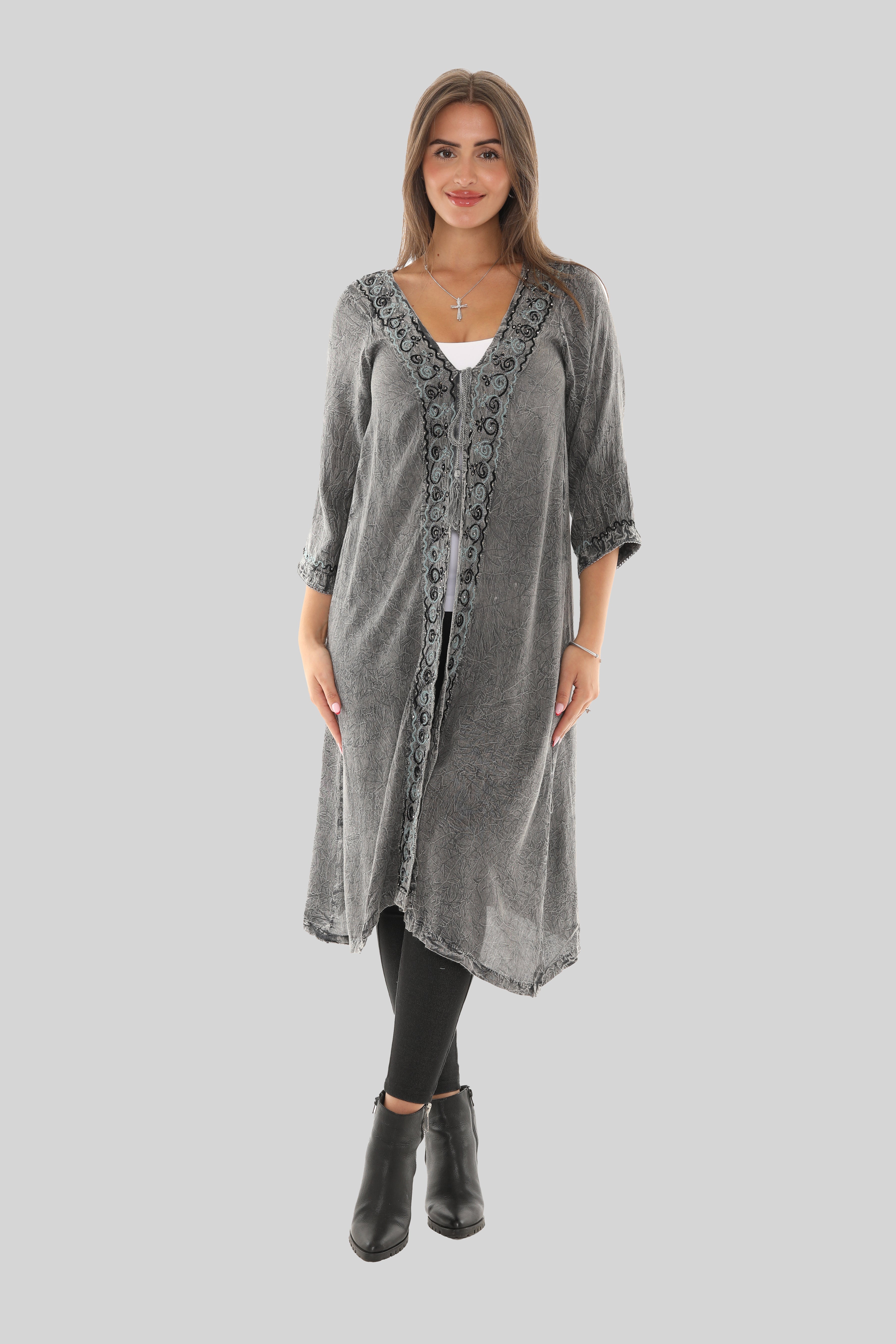 Sequin-Accent Embroidered Three-Quarter Sleeve Duster - Shoreline Wear, Inc.