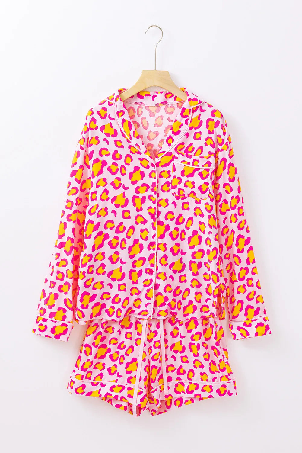 Leopard Collared Neck Long Sleeve Top and Shorts Lounge Set - Charming Charlie
