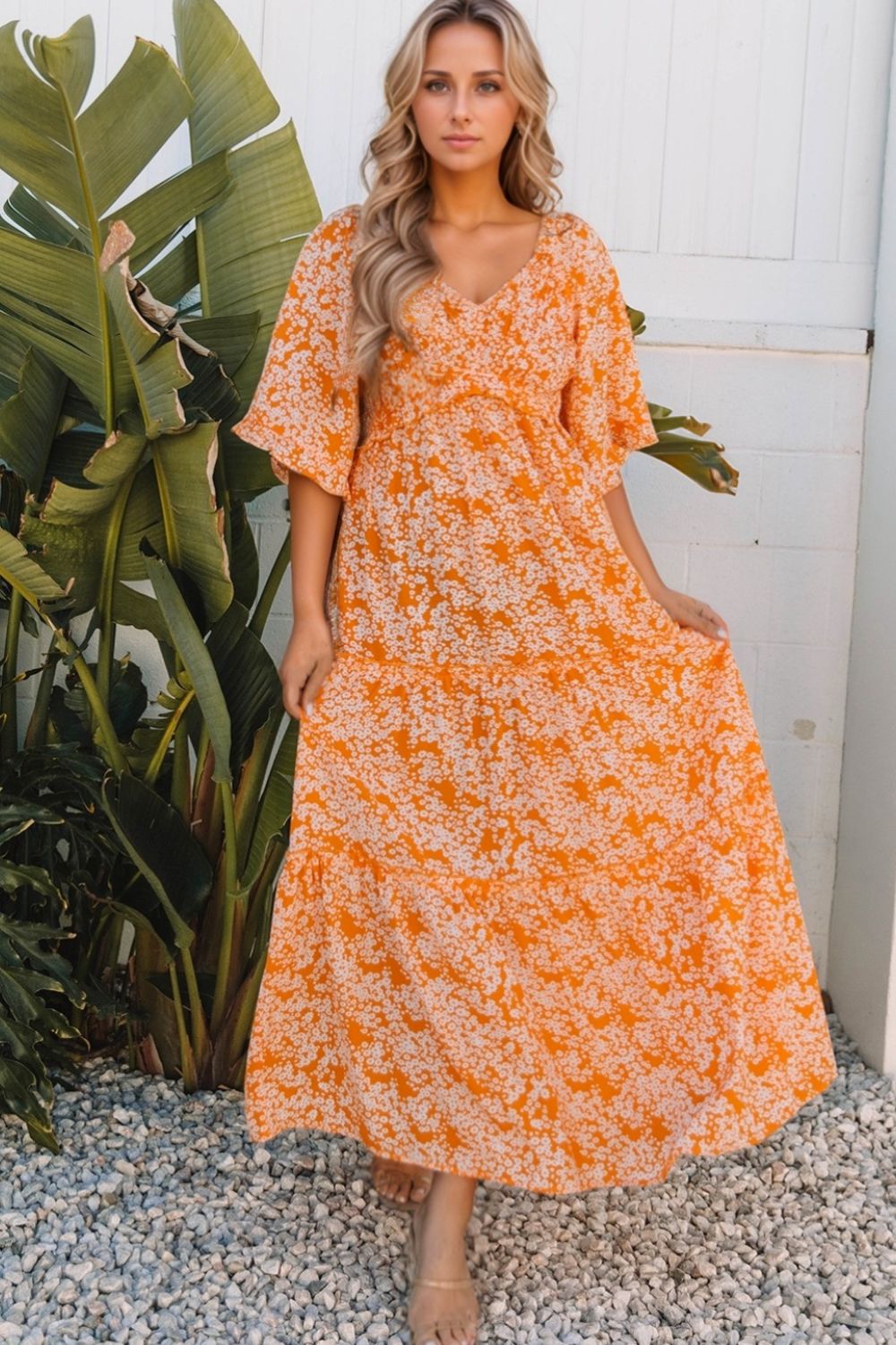 smocked v neck maxi dress Floral Print Smocked V Neck Wide Sleeve Maxi Dress
