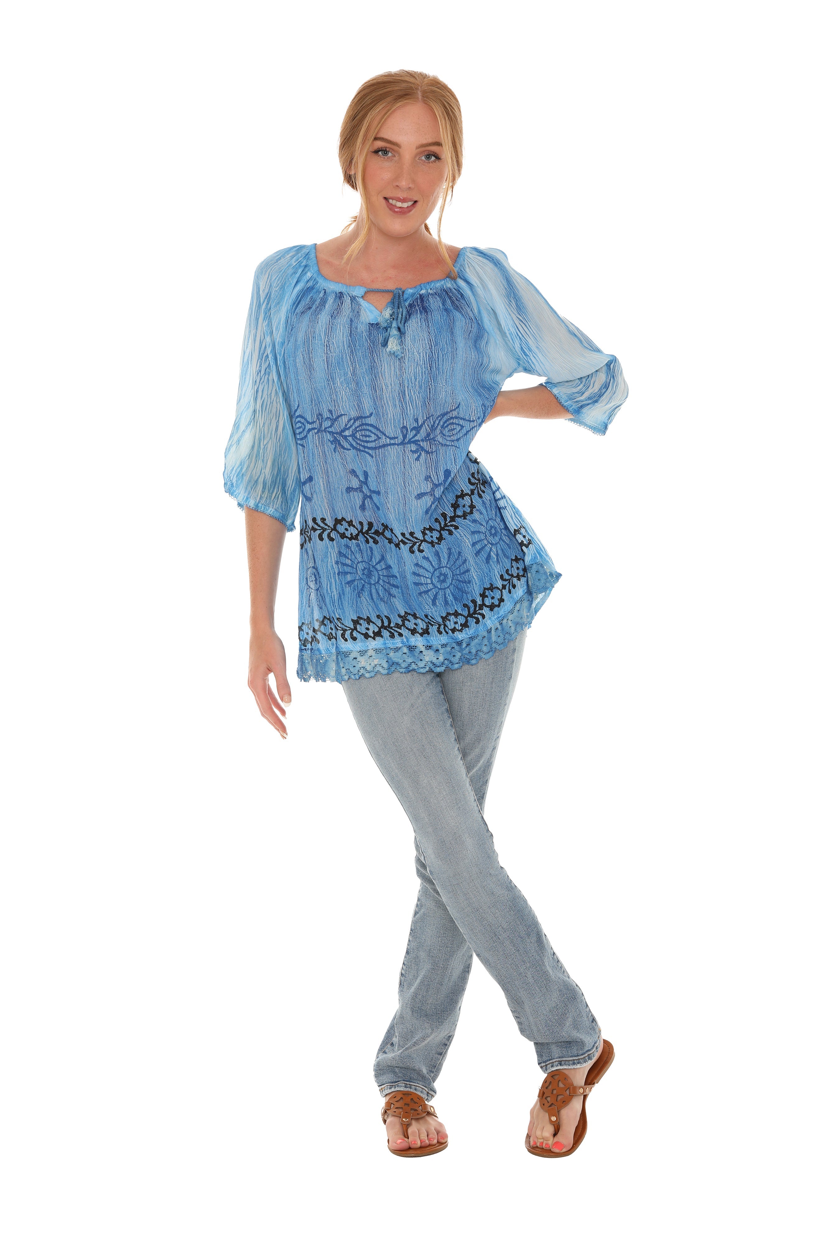 Tie-Dye Three-Quarters Sleeve Keyhole-Front Tunic - Shoreline Wear, Inc.