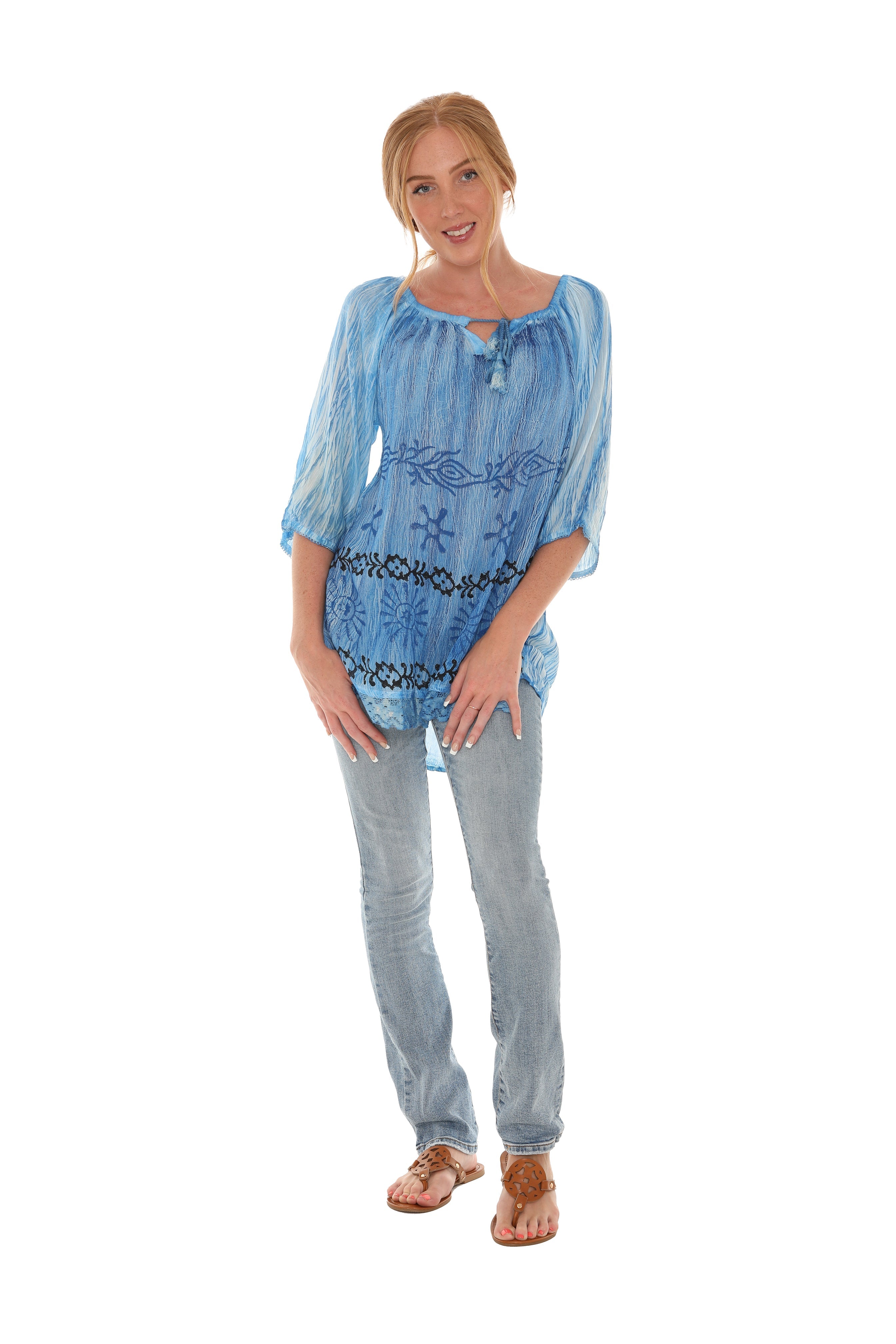 Tie-Dye Three-Quarters Sleeve Keyhole-Front Tunic - Shoreline Wear, Inc.