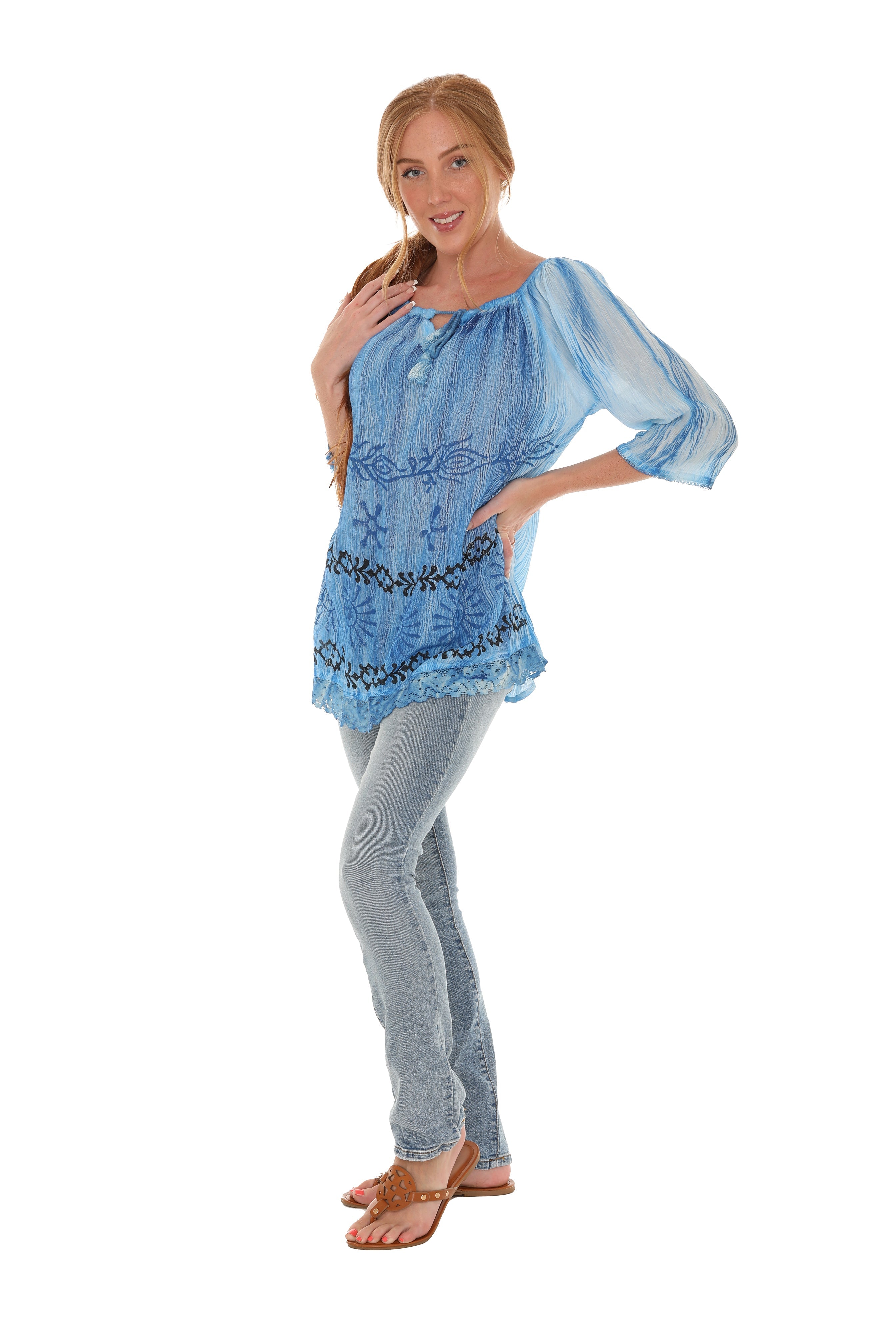 Tie-Dye Three-Quarters Sleeve Keyhole-Front Tunic - Shoreline Wear, Inc.