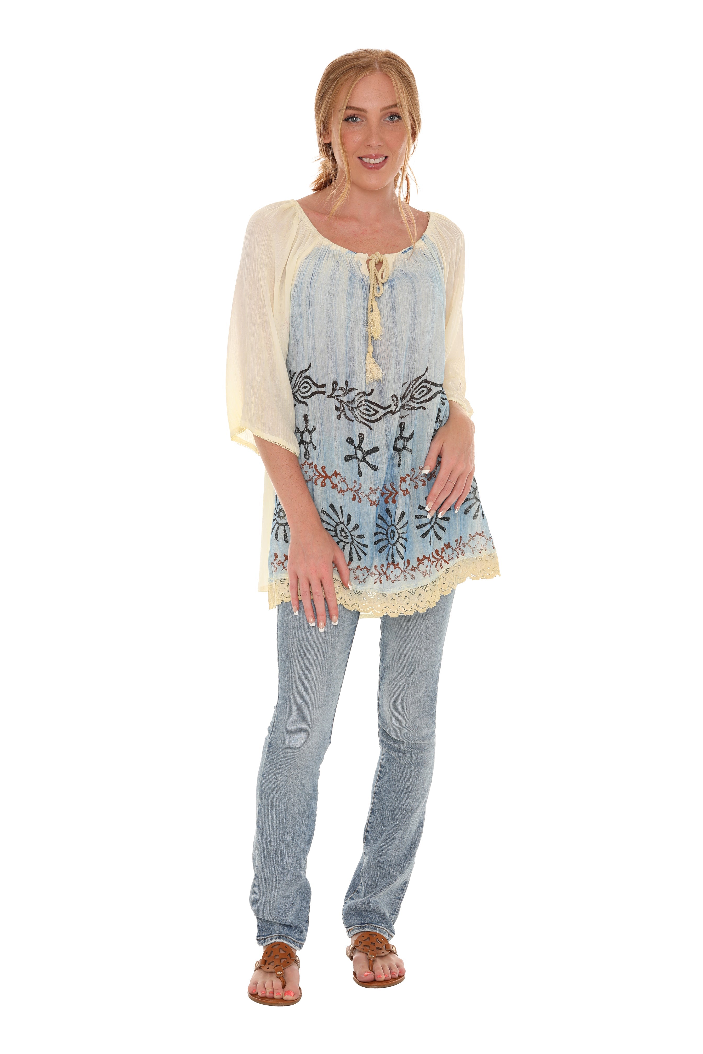 Tie-Dye Three-Quarters Sleeve Keyhole-Front Tunic - Shoreline Wear, Inc.