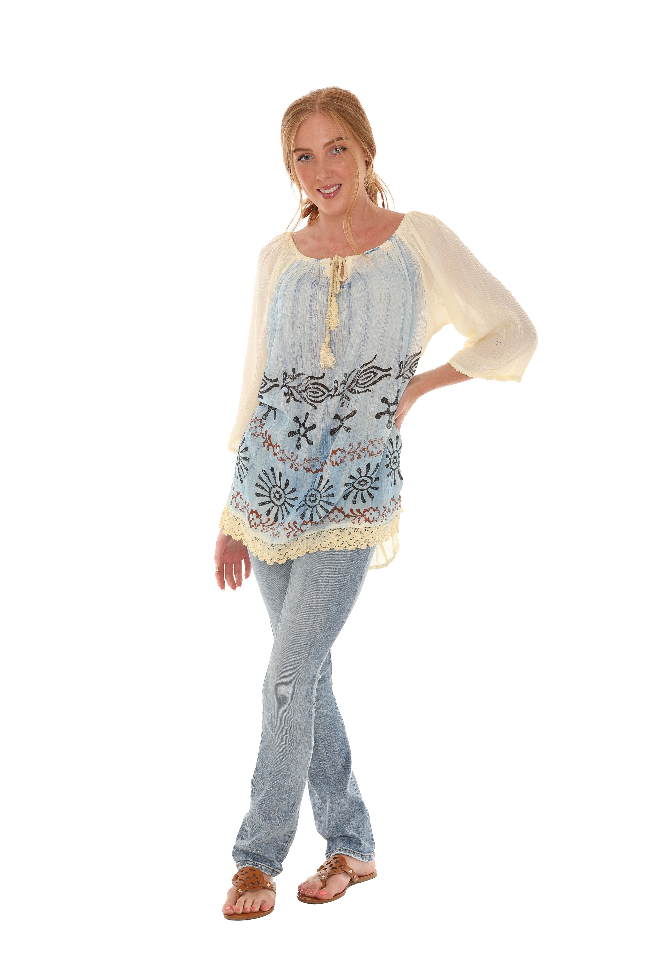 Tie-Dye Three-Quarters Sleeve Keyhole-Front Tunic - Shoreline Wear, Inc.